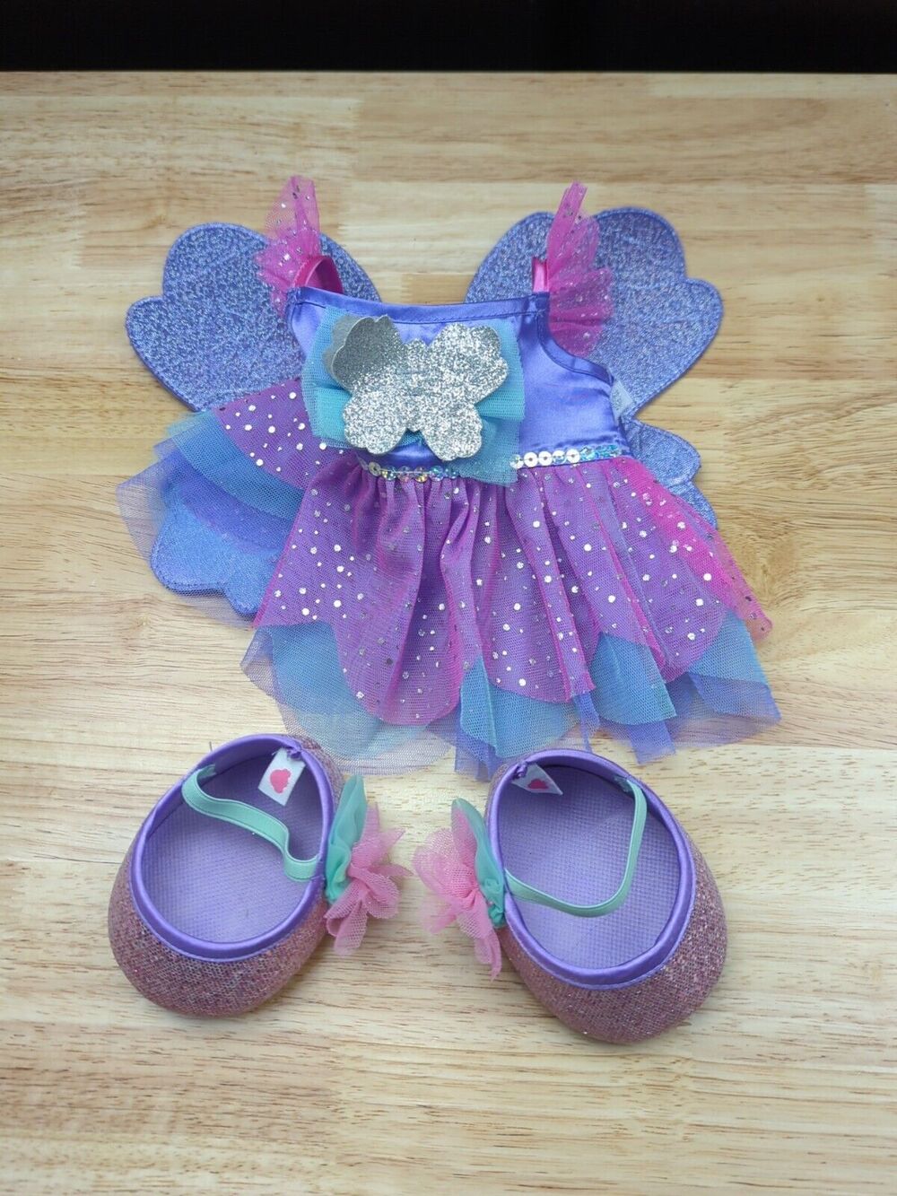 Build A Bear Outfit Pink / Purple, Silver Sparkly Fairy Dress with Wings & Shoes